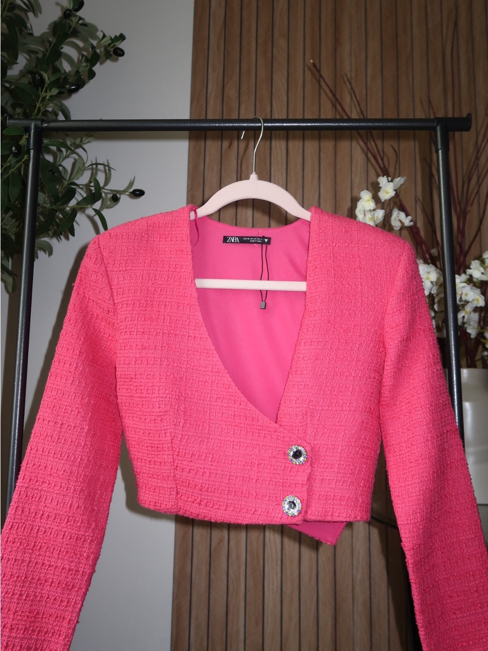ZARA Hot Pink Tweed Cropped Blazer with Jeweled Buttons